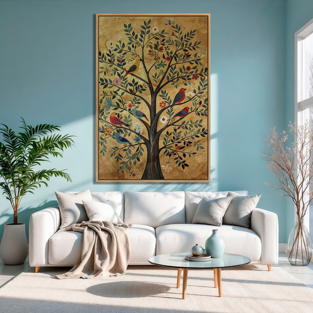 Framed Wall Art: Colorful tree with birds in a gold and teal palette. Perfect for adding a touch of nature and elegance to your living room.