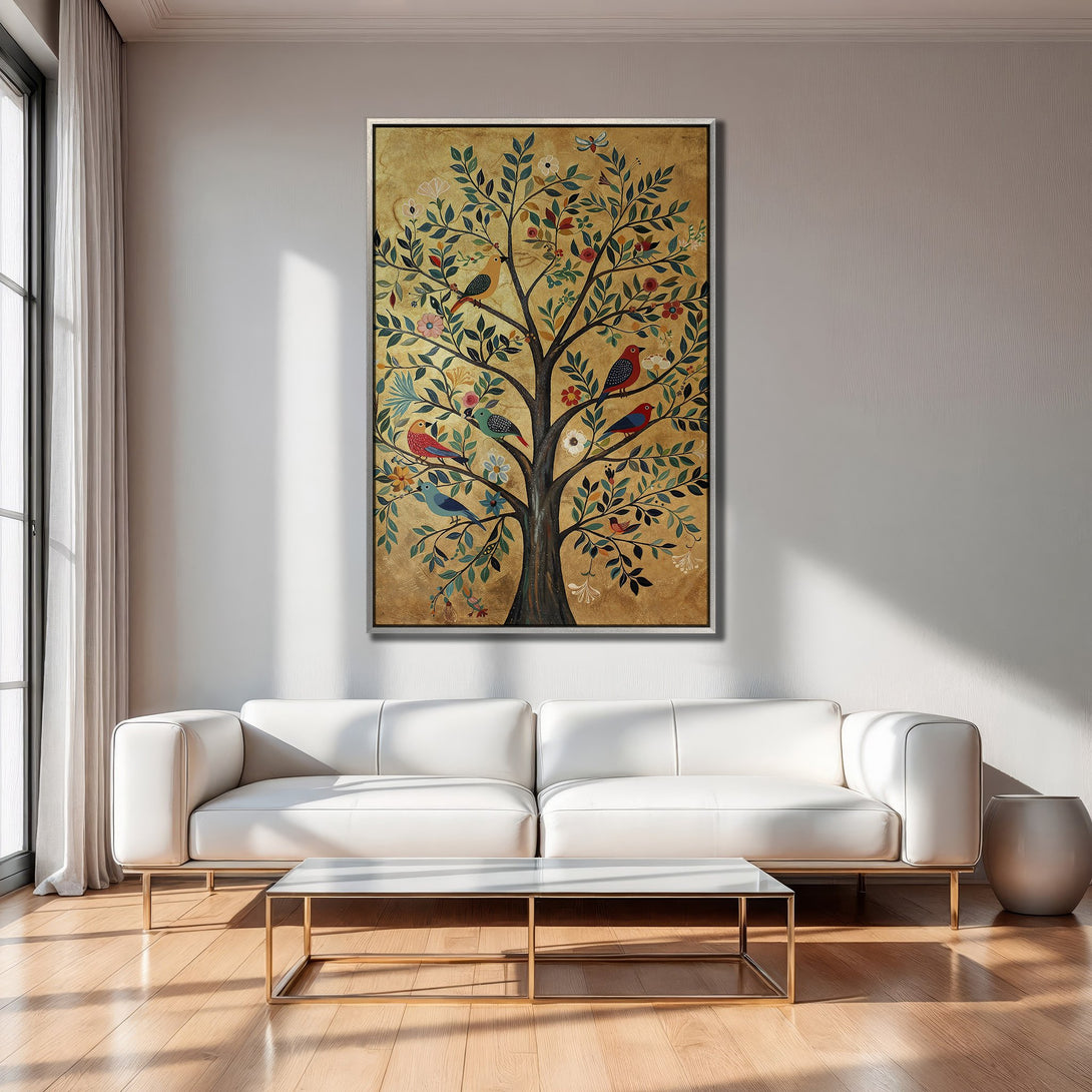 Framed Wall Art featuring a vibrant tree with birds, set against a gold background. Adds a pop of color to any space. Shop now!