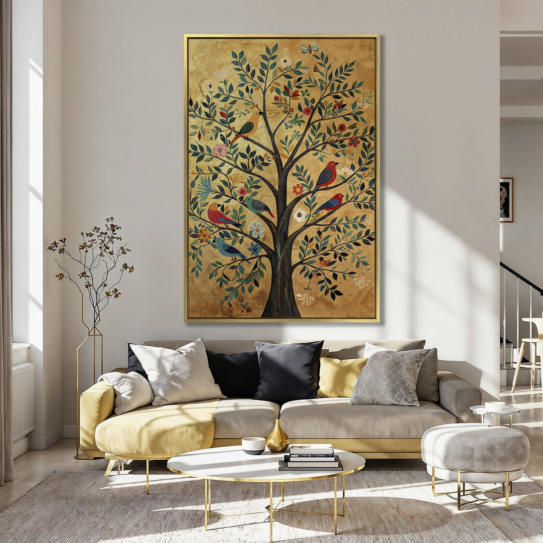 Canvas Print of a colorful tree with birds in a kitchen, featuring a gold and jewel-toned palette, perfect for adding a touch of art.