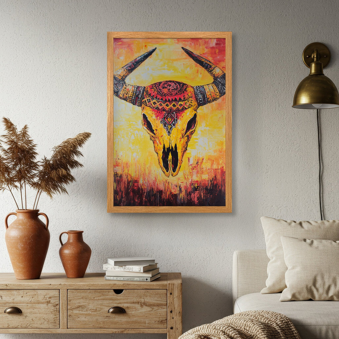 Framed Poster featuring a vibrant bull skull art print with warm yellow, red, and orange tones. Perfect wall decor!