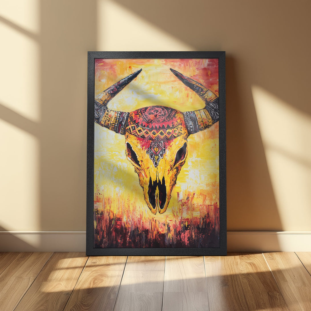 Framed Poster featuring a vibrant bull skull painting in warm yellow, orange, and red tones. Abstract style, perfect wall art.