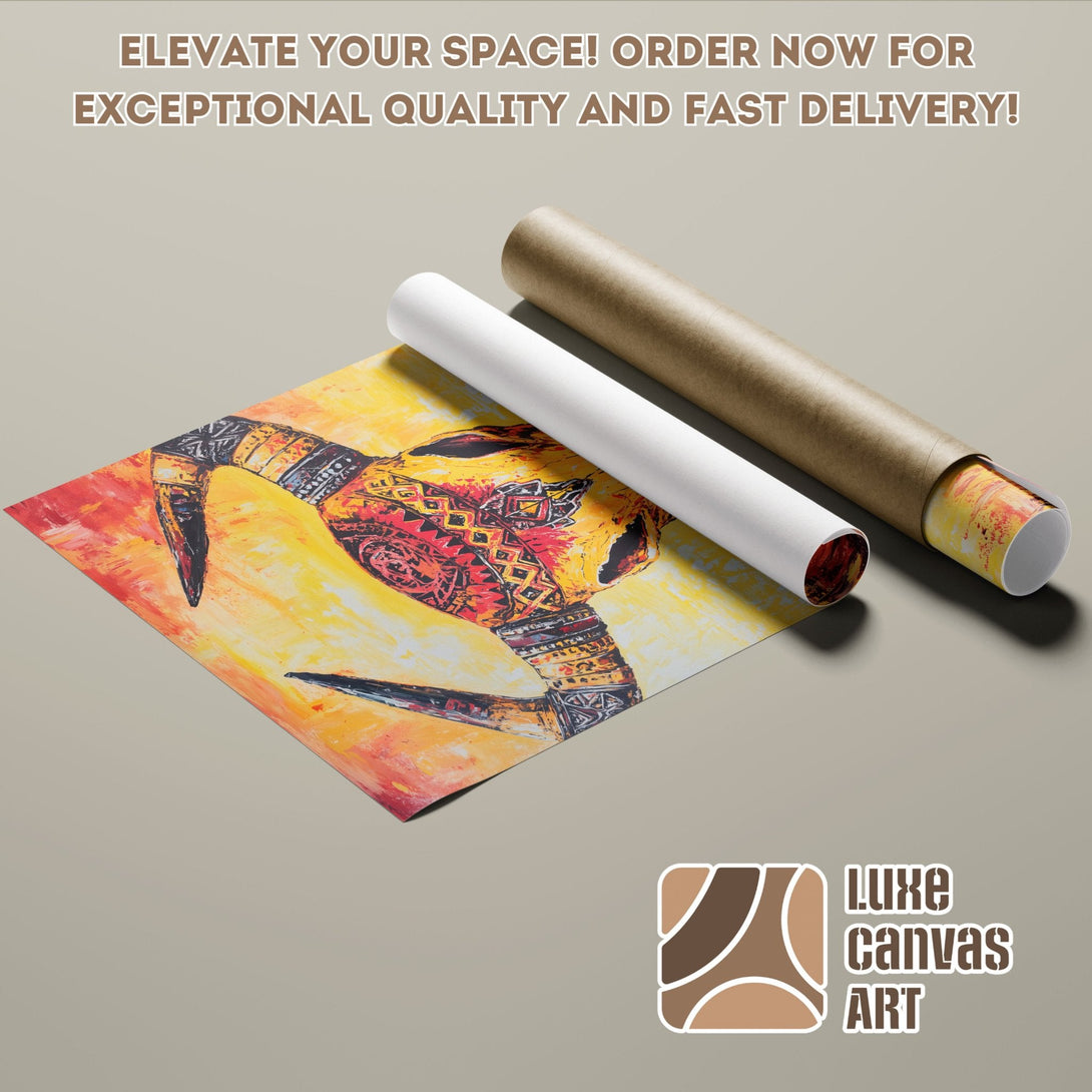 Abstract art poster roll featuring a colorful bull, warm yellow and red palette. Order your poster today!