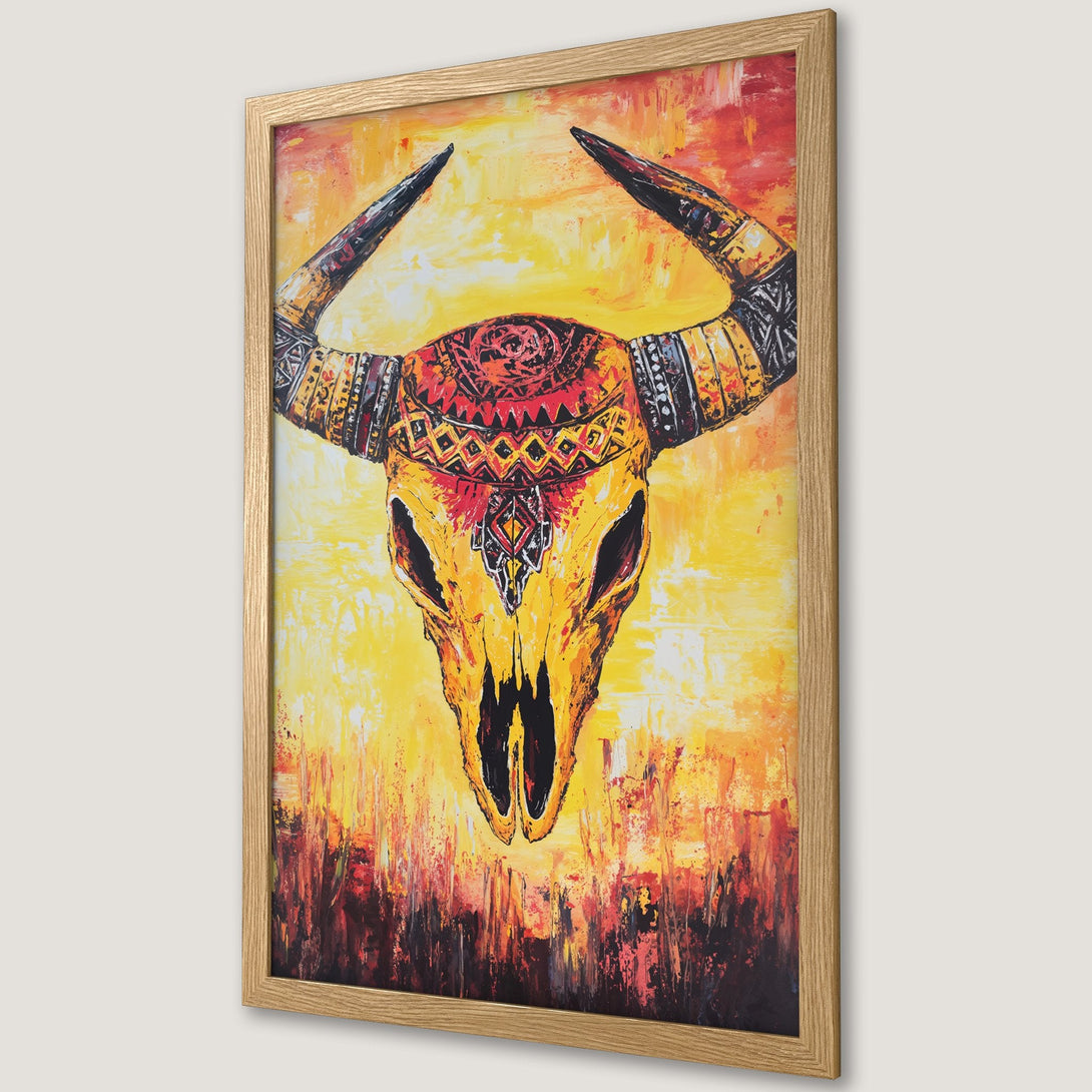Framed Poster featuring a vibrant bull skull painting in warm yellow, orange, and red tones. Bold, artistic style perfect for home decor.