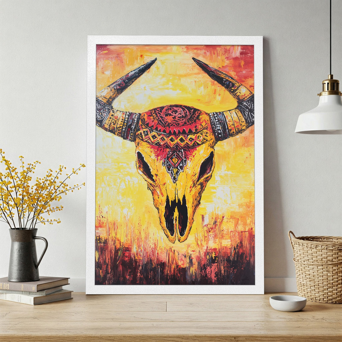 Framed Poster featuring a vibrant bull skull painting in warm yellow, orange, and red tones. Abstract art style, perfect wall decor.