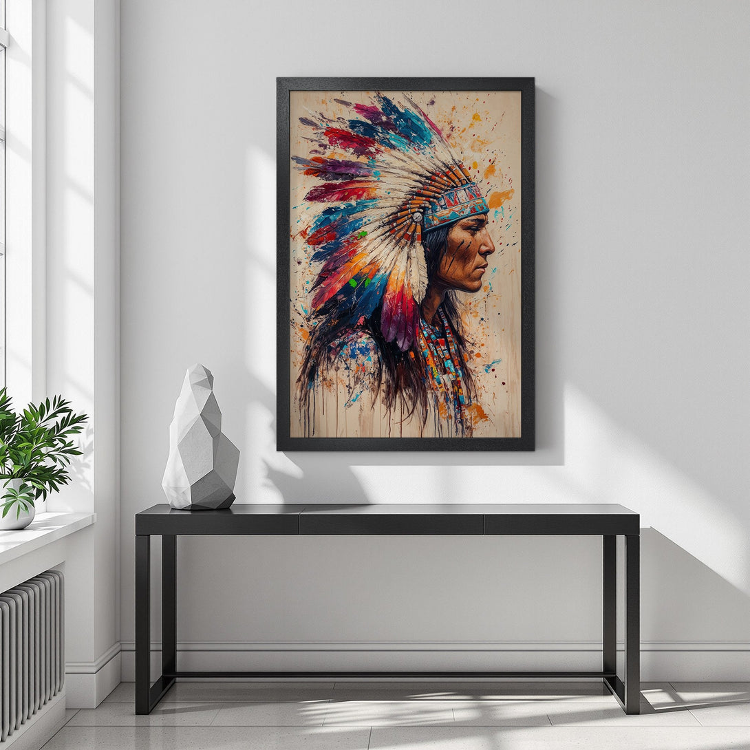 Framed Poster featuring Native American portrait, watercolor style, vibrant colors. Perfect wall art!