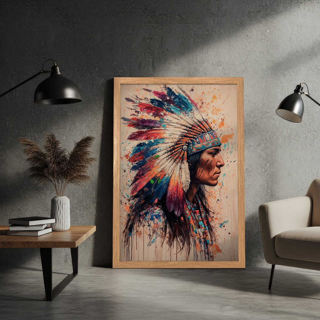 Framed Poster featuring a Native American portrait in vibrant colors. Abstract art style with a warm, earthy palette. Perfect wall decor!