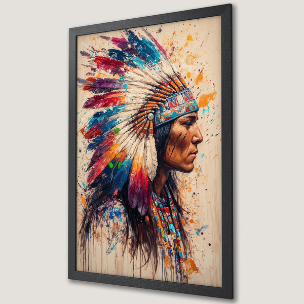Framed Poster: Native American portrait with colorful headdress, vibrant watercolor style, earthy tones & splashes of color. Perfect wall art!
