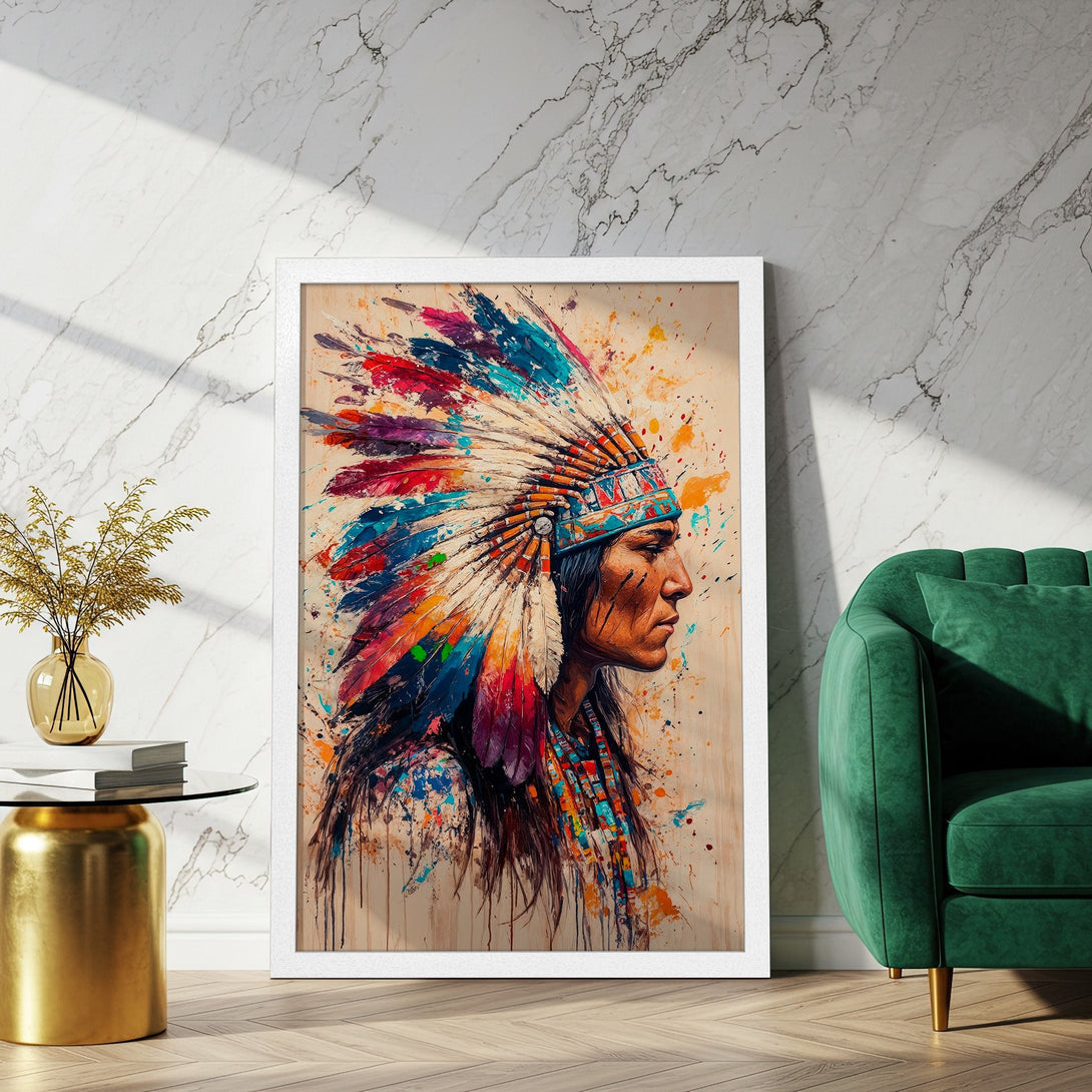 Framed Poster featuring a Native American portrait in vibrant colors. Perfect wall art for a stylish home!