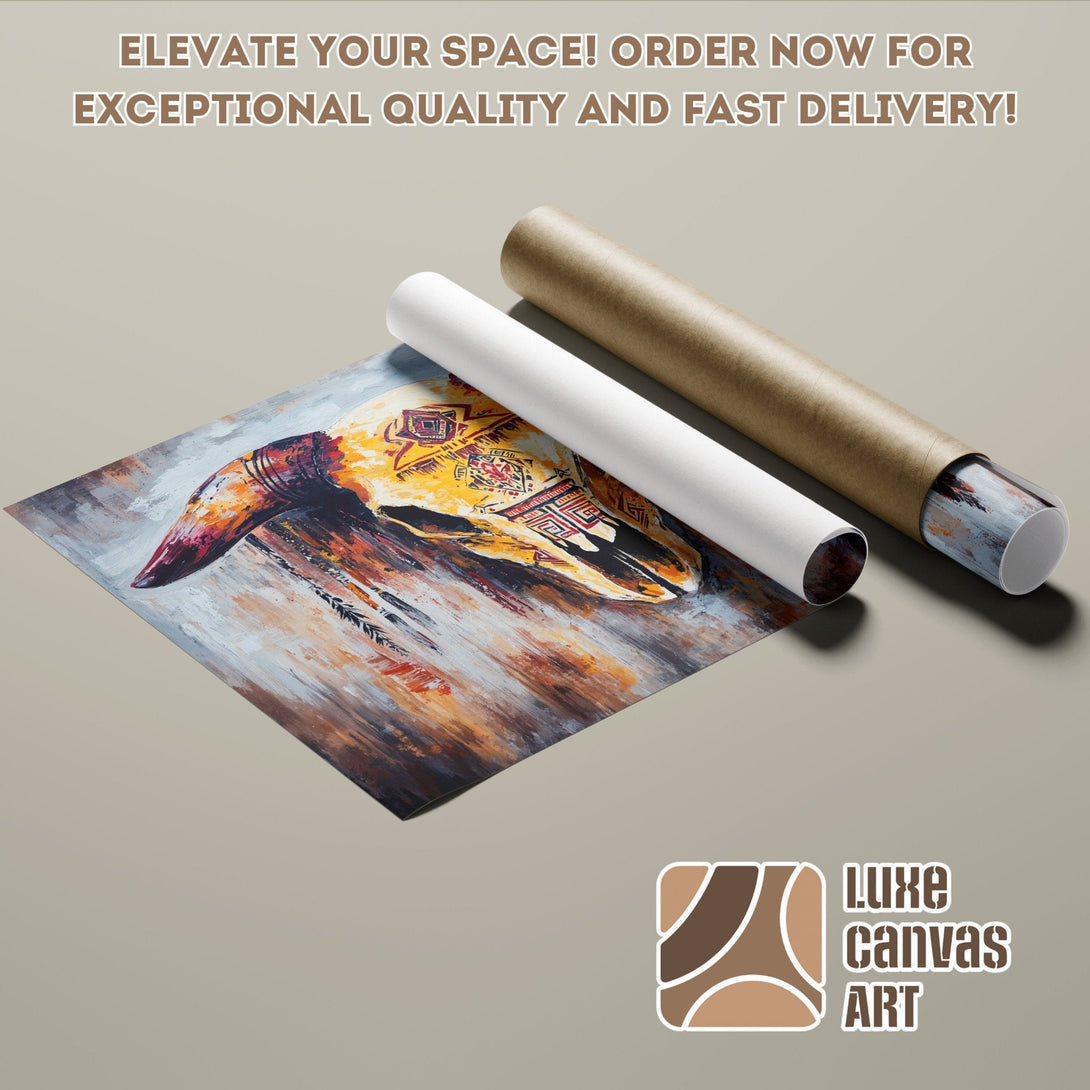 Poster Roll featuring a colorful abstract skull painting in warm tones.