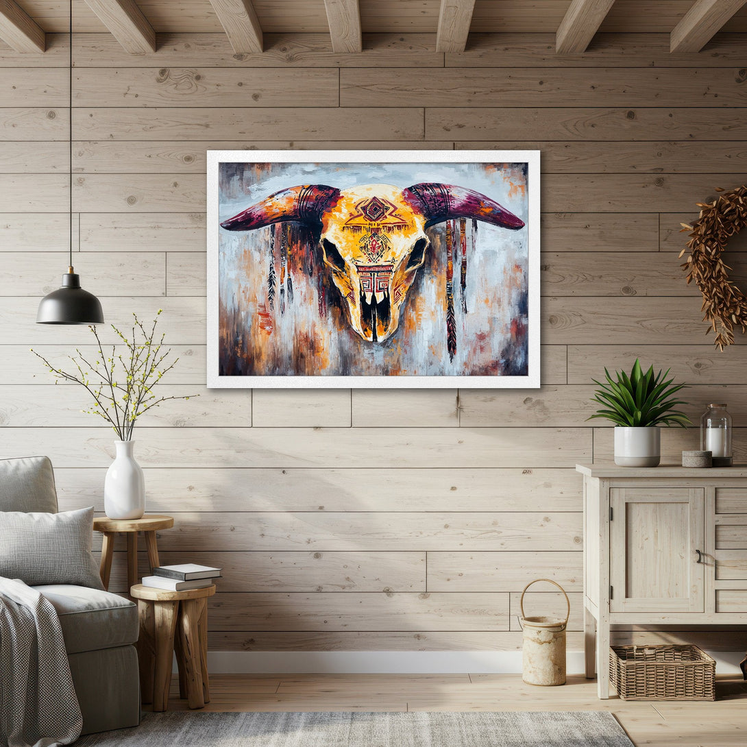 Framed Poster featuring a tribal skull art print. Rustic style with warm orange, yellow, and brown color palette. Perfect for home decor.