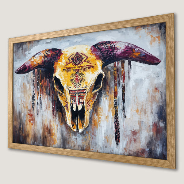 Framed Poster: Tribal skull art print with warm yellow, orange, and brown hues, perfect for modern home decor.