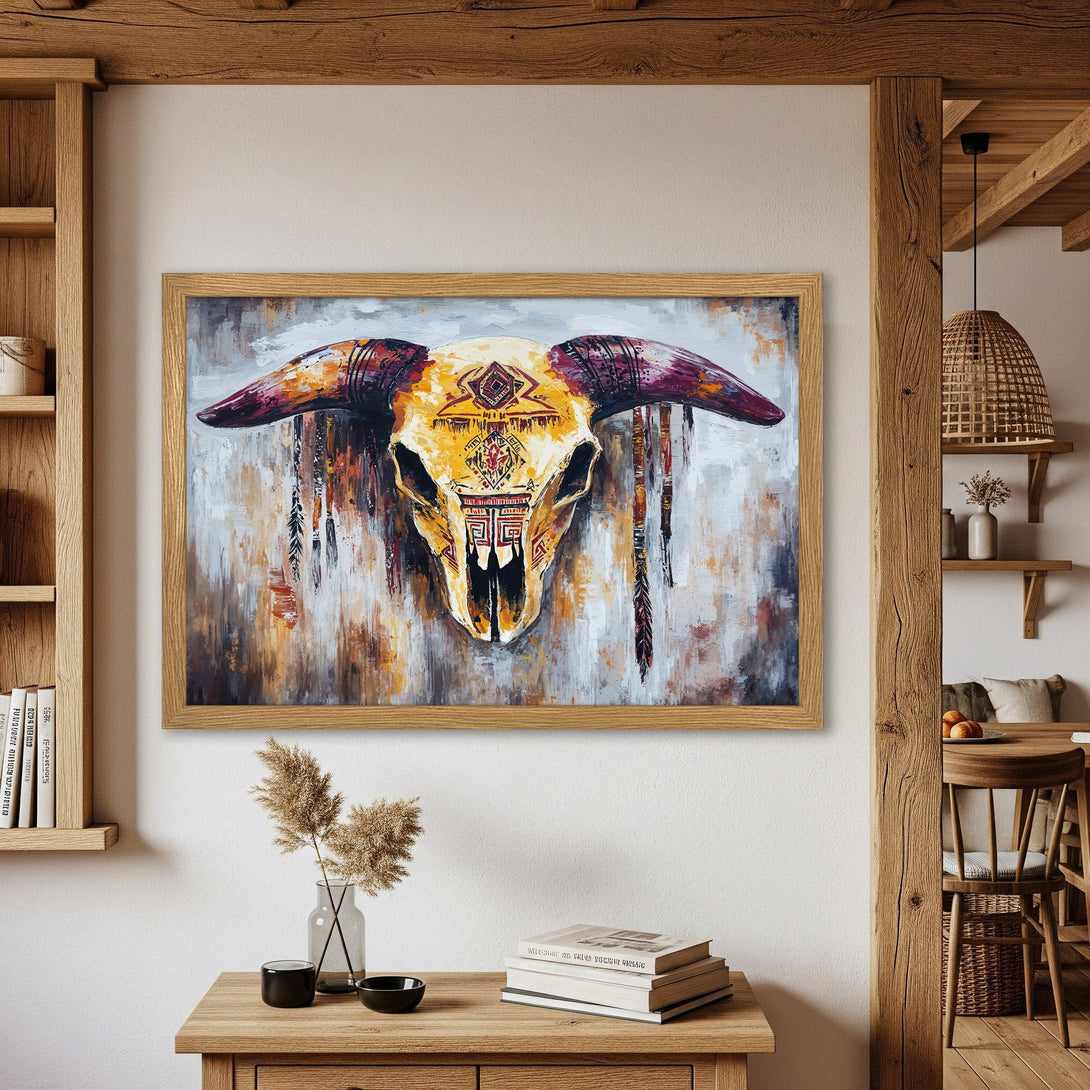 Framed Poster featuring a vibrant bull skull artwork. Rustic style with warm earthy tones and a touch of tribal flair. Perfect wall decor!