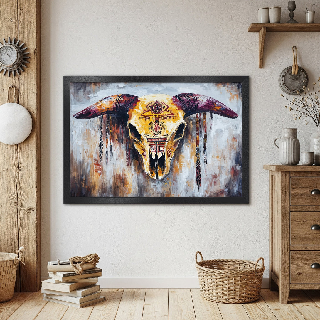Framed Poster of a tribal skull in warm tones. Rustic art for home decor.