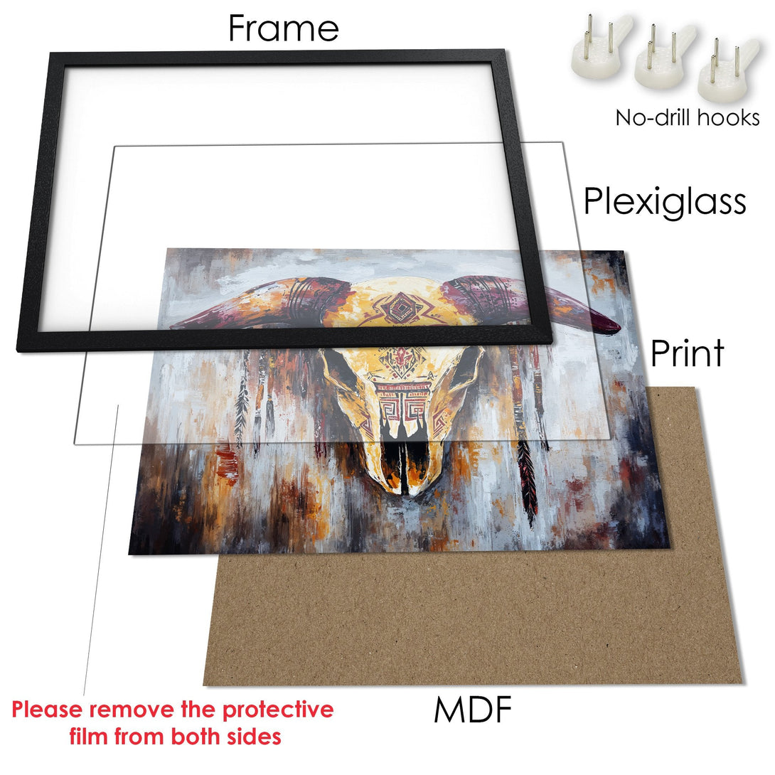 Framed Poster featuring a bull skull in an abstract style with warm earth tones. Perfect wall art for any room!