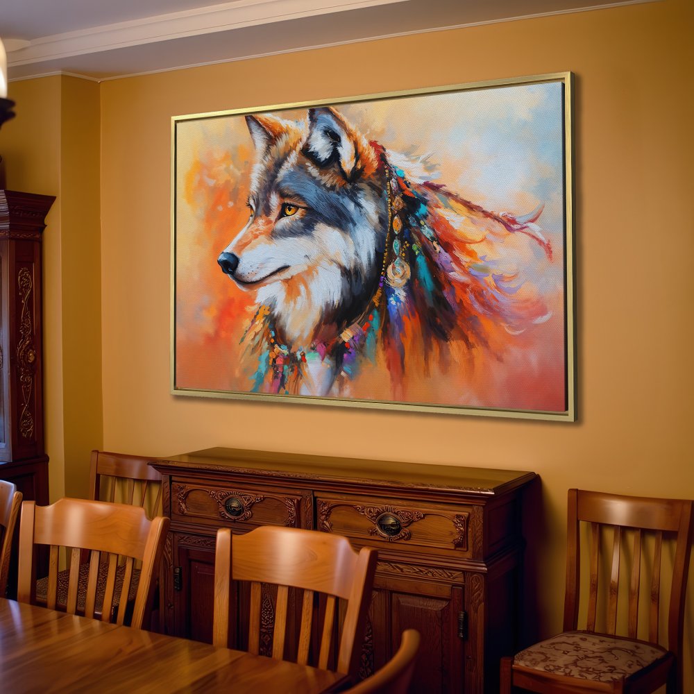 Canvas Print of a majestic wolf in vibrant colors, perfect for living room decor. Adds a touch of boho style.