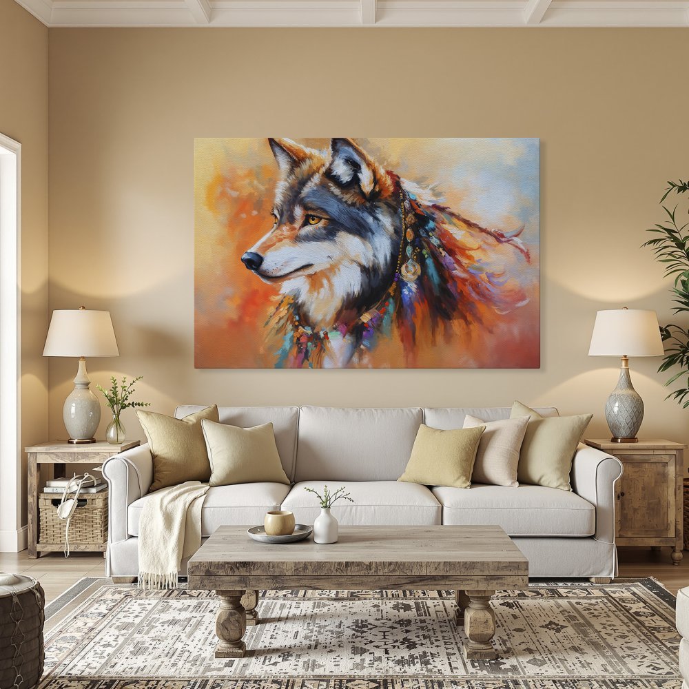 Framed Wall Art: Majestic wolf portrait in vibrant, colorful brushstrokes. Add a touch of wild beauty with this stunning canvas print.