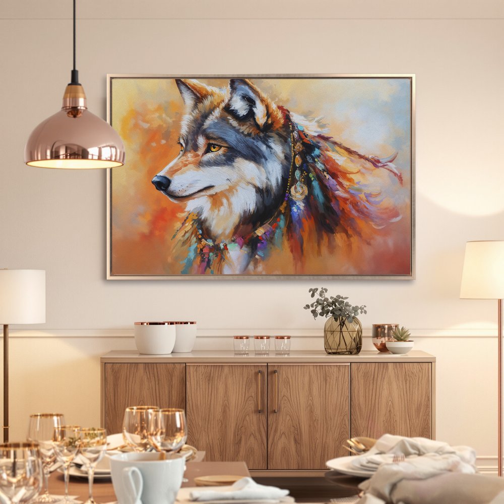 Framed Wall Art: Majestic wolf portrait in vibrant orange, blue, and yellow hues. Add a touch of wilderness to your space with this stunning canvas print!