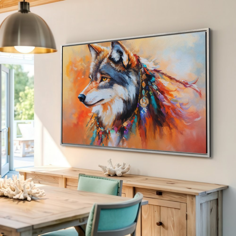 Framed Wall Art: Colorful wolf portrait Canvas Print. Vibrant orange, blue, and yellow palette. Perfect for bohemian or modern decor.