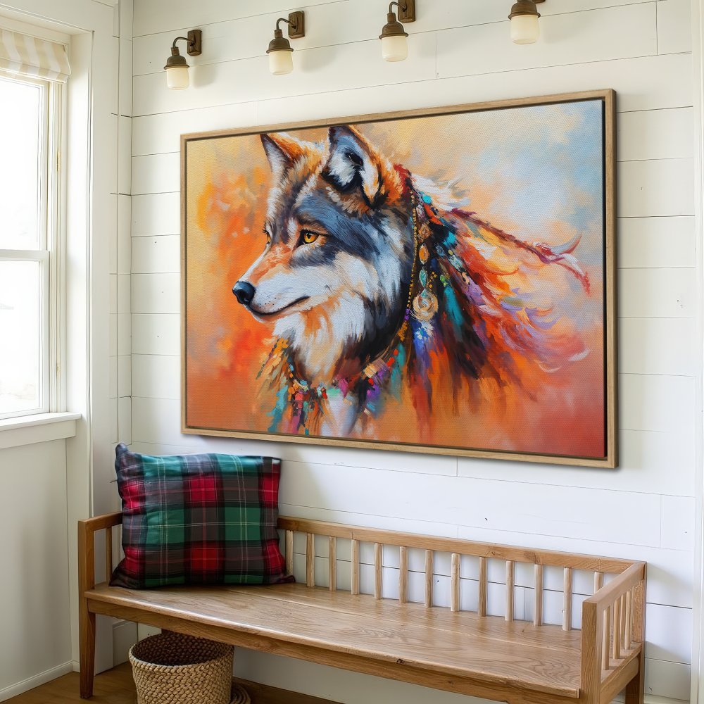 Framed Wall Art: Majestic wolf portrait in vibrant orange, blue, and teal hues. Add a touch of wilderness with this stunning canvas print!