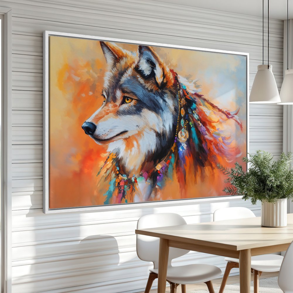 Framed Wall Art: Majestic wolf portrait in vibrant, colorful brushstrokes. Warm orange and blue tones. Perfect statement piece for your home.