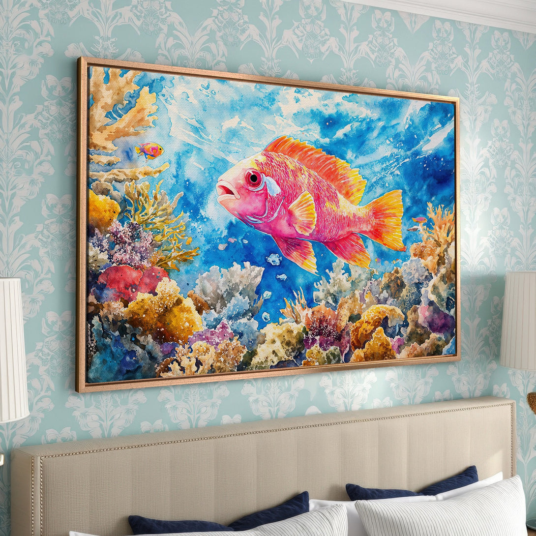 Framed Wall Art: Watercolor fish painting in vibrant pinks, oranges, and blues. Perfect for coastal decor! Add a splash of color to your home.