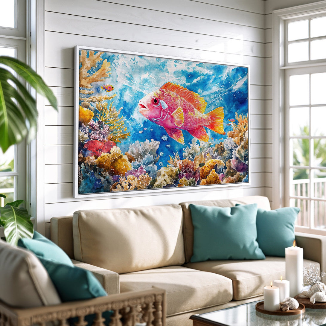 Framed Wall Art: Watercolor fish painting in vibrant coral reef scene. Coastal decor with a blue, orange, and yellow color palette, perfect for a beachy vibe.