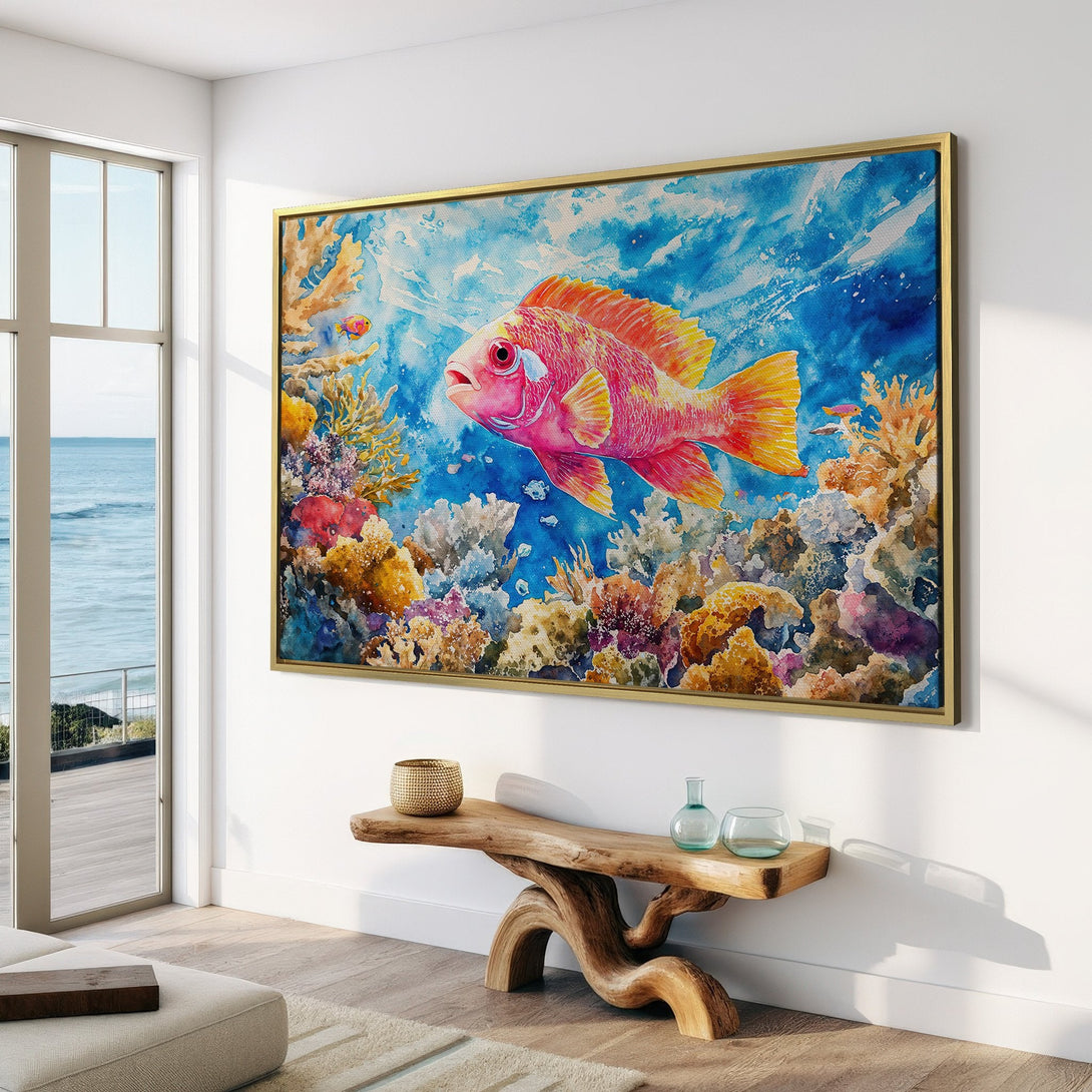 Canvas Print of a vibrant watercolor fish swimming in a coral reef. Beautiful blue, pink, and yellow color palette adds a splash of color to any space.