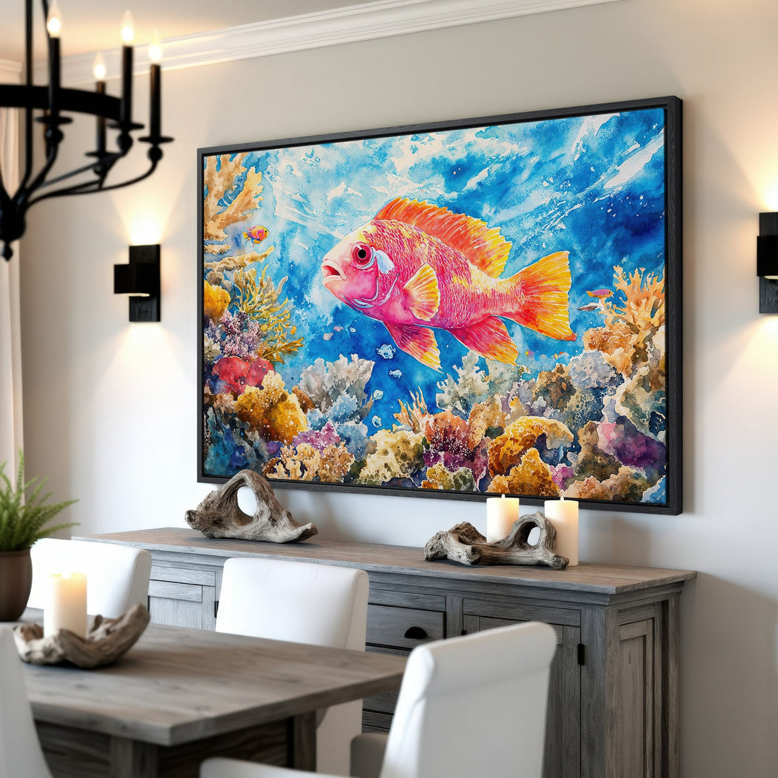 Framed Wall Art: Watercolor fish print with vibrant coral reef. Stunning blue, pink, and yellow color palette. Perfect ocean-themed decor for your home.