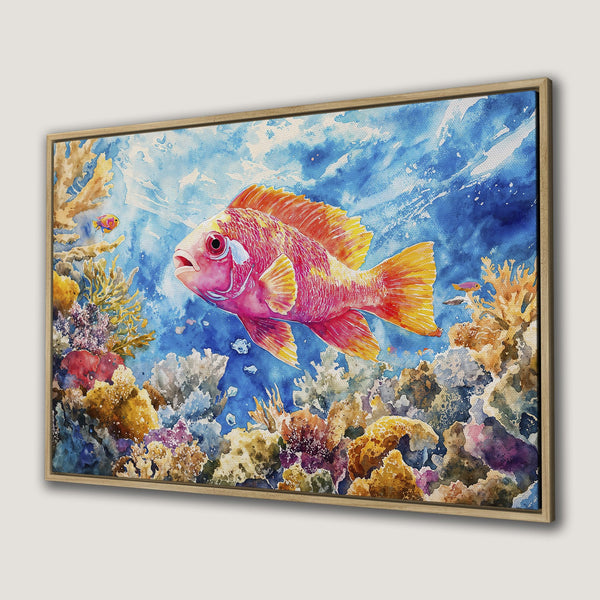 Canvas Print of a vibrant watercolor fish in an underwater scene. Features a colorful coral reef with a blue, pink, and yellow palette.