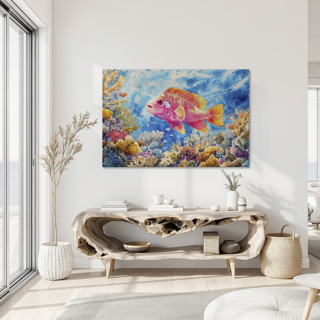 Framed Wall Art: Watercolor painting of a vibrant pink fish in a coral reef. Blue, yellow, and pink color palette. Perfect for coastal decor.