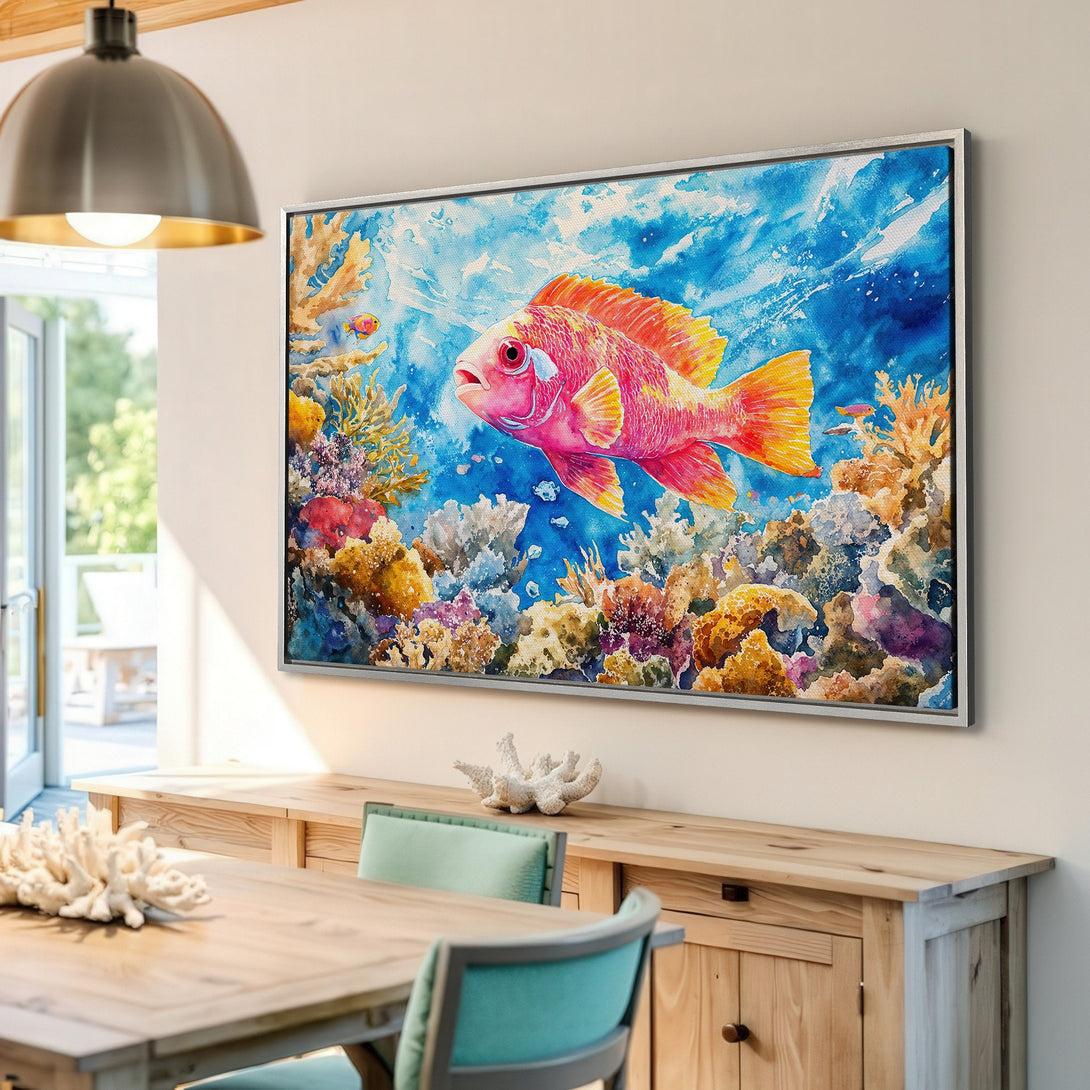 Framed Wall Art: Watercolor fish in vibrant coral reef. Blue, orange, and pink color palette. Bring coastal vibes to your home with this stunning Canvas Print!