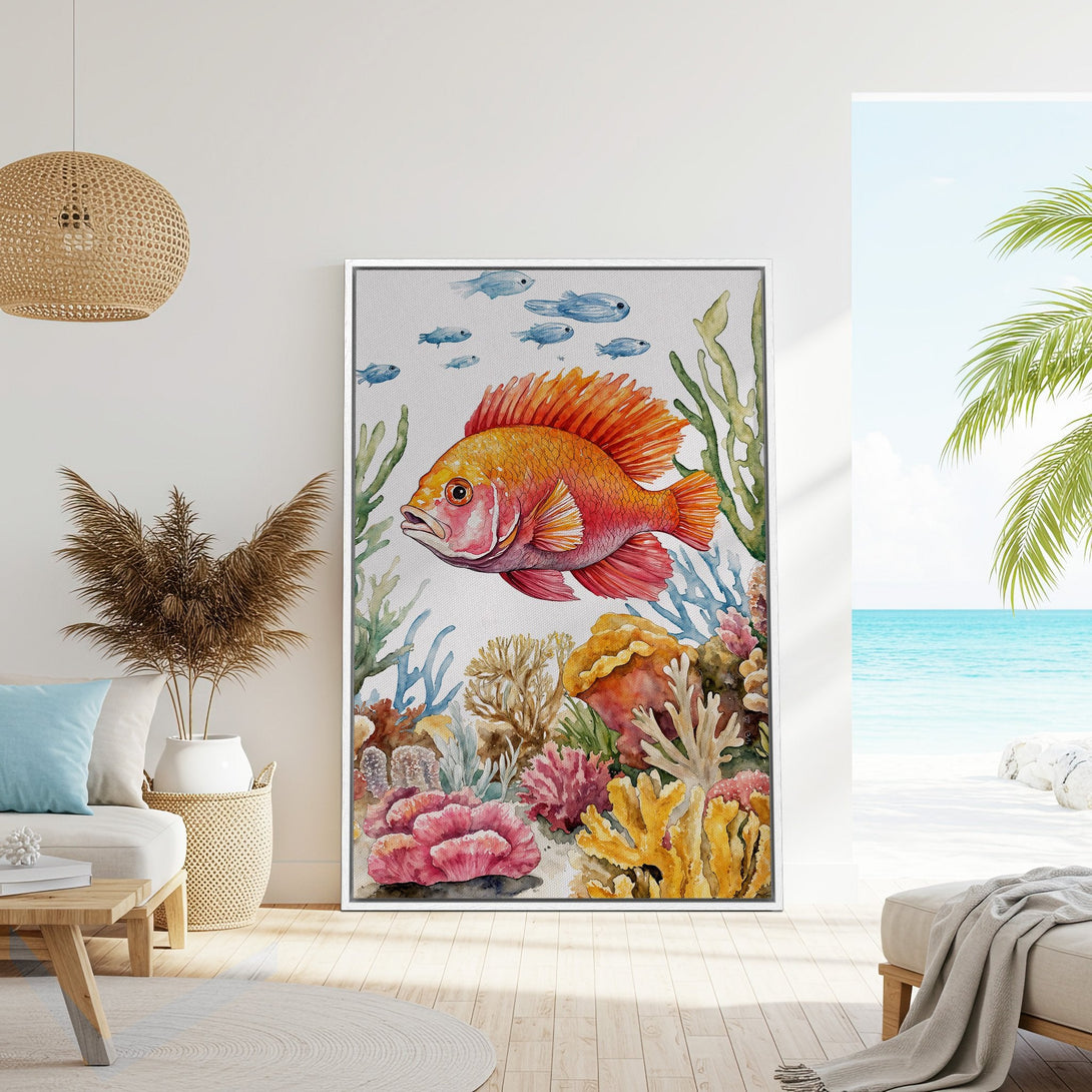 Watercolor Canvas Print of a vibrant orange fish and coral reef. Coastal style wall art with a warm, inviting color palette.