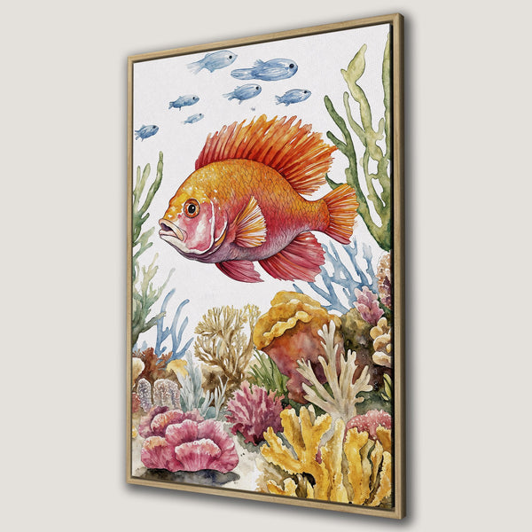 Framed Wall Art: Watercolor painting of a vibrant orange fish and coral reef. Beautiful ocean scene with a warm, colorful palette. Perfect for coastal decor!