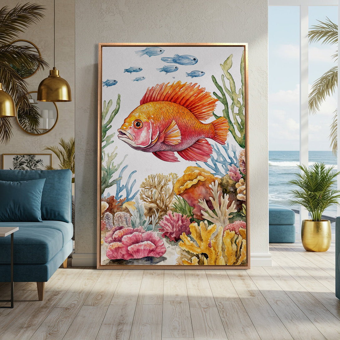 Framed Wall Art: Watercolor painting of a vibrant orange fish and coral reef. Coastal decor, warm color palette, perfect for a beach house aesthetic.