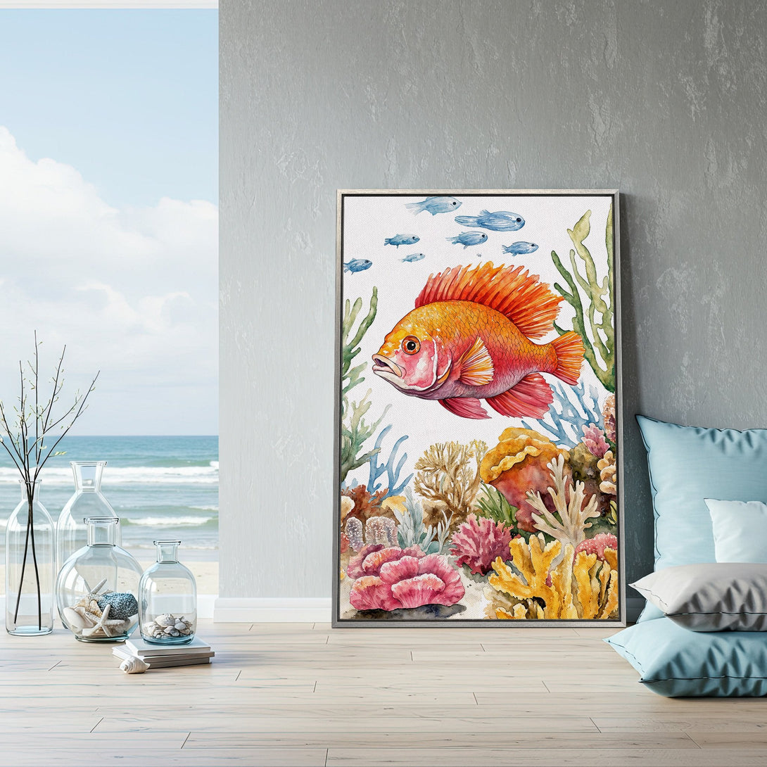 Framed Wall Art: Watercolor fish painting in vibrant coral, orange, and blue hues. Coastal decor perfect for adding a splash of color to your space.