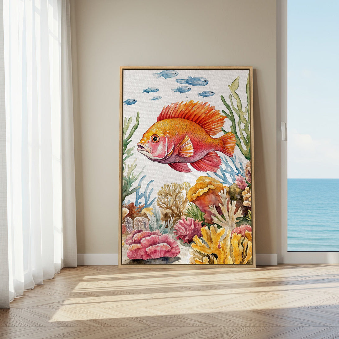 Framed Wall Art: Watercolor fish and coral reef art print. Vibrant red, orange, and blue color palette. Adds coastal charm to any space.