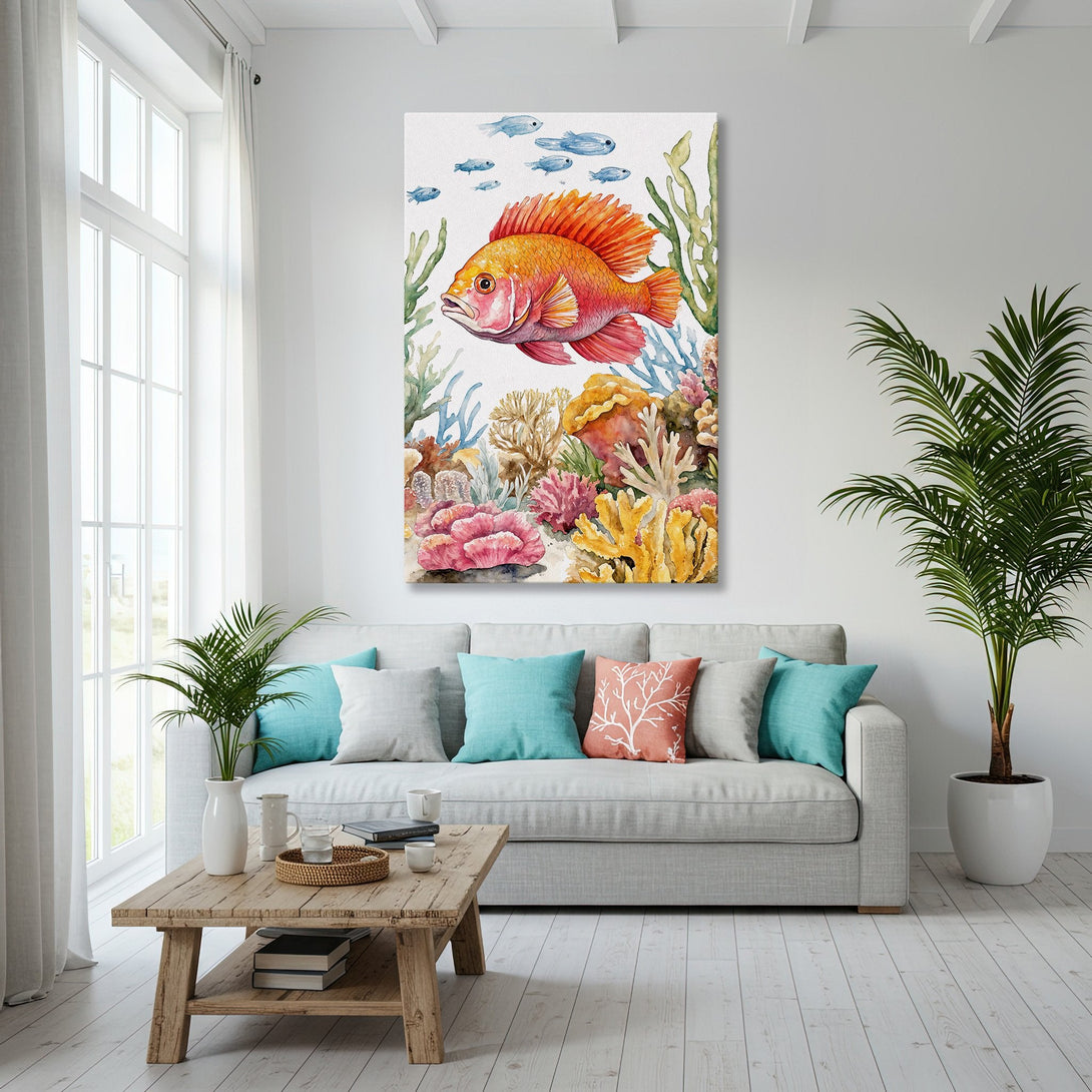 Framed Wall Art: Watercolor fish art in a coastal living room. Featuring a vibrant coral reef scene with orange, blue, and yellow hues. Bring the ocean to your home!
