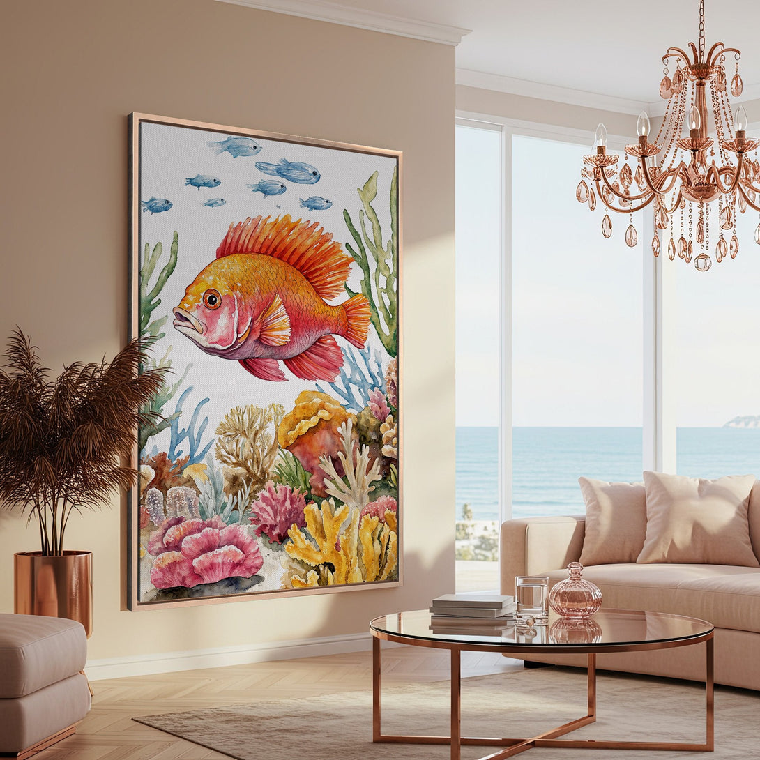 Framed Wall Art featuring a vibrant watercolor fish and coral reef scene in warm orange, pink, and blue tones, perfect for coastal decor.