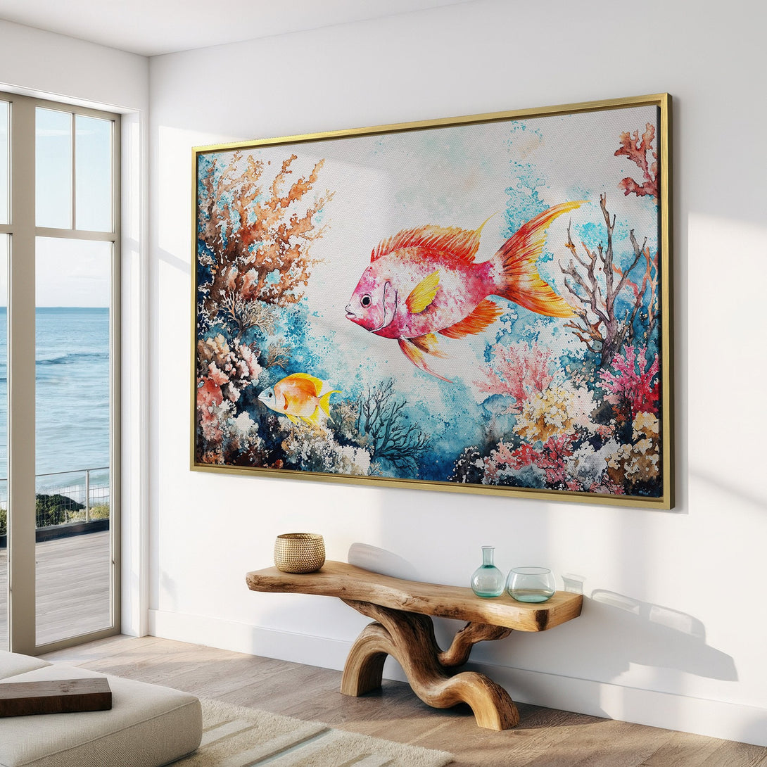 Canvas Print featuring watercolor fish and coral in a vibrant, colorful palette. Perfect coastal wall art for your home decor.