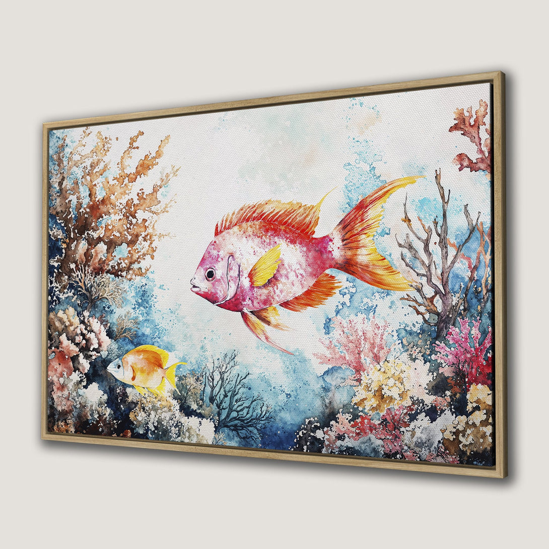 Framed Wall Art: Watercolor fish & coral reef. Vibrant red, yellow, and blue palette. Coastal decor adds a splash of underwater beauty to your home.