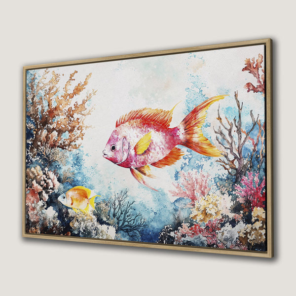 Framed Wall Art: Watercolor fish & coral reef. Vibrant red, yellow, and blue palette. Coastal decor adds a splash of underwater beauty to your home.