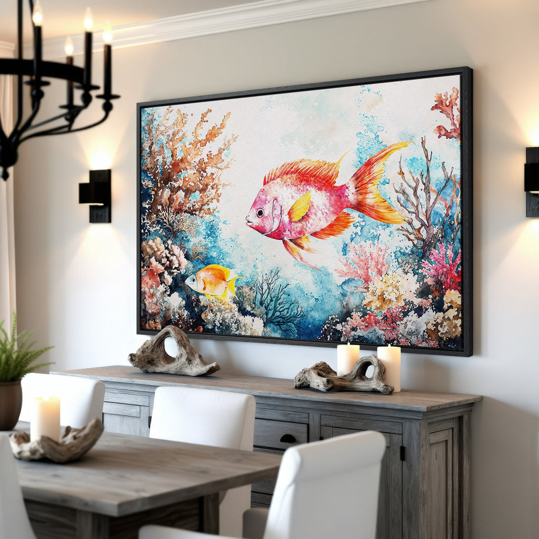 Framed Wall Art: Watercolor fish and coral reef print. Colorful artwork with red, blue, and yellow hues. Perfect coastal decor for your home.