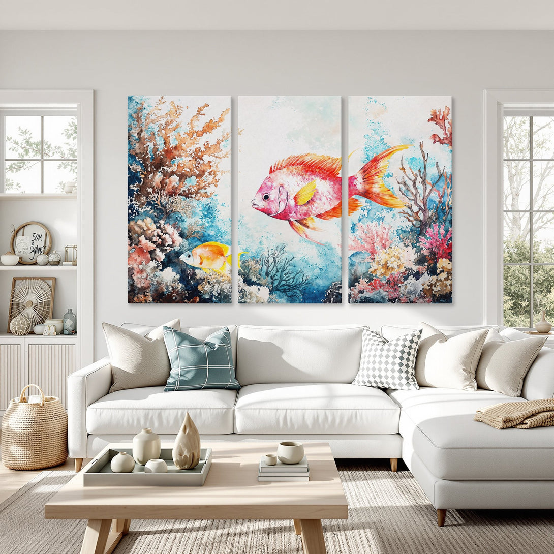 Canvas Print of watercolor fish art in a coastal style, featuring vibrant coral reef colors and a calming blue palette.