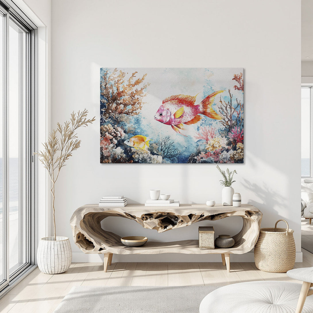 Framed Wall Art featuring vibrant watercolor fish and coral reef art. Beautiful coastal decor with a colorful palette of blues, pinks, and oranges.