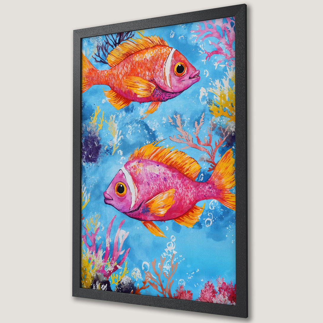 Framed Poster featuring vibrant watercolor fish in a blue, pink, and orange color palette. Perfect aquatic art for your home!