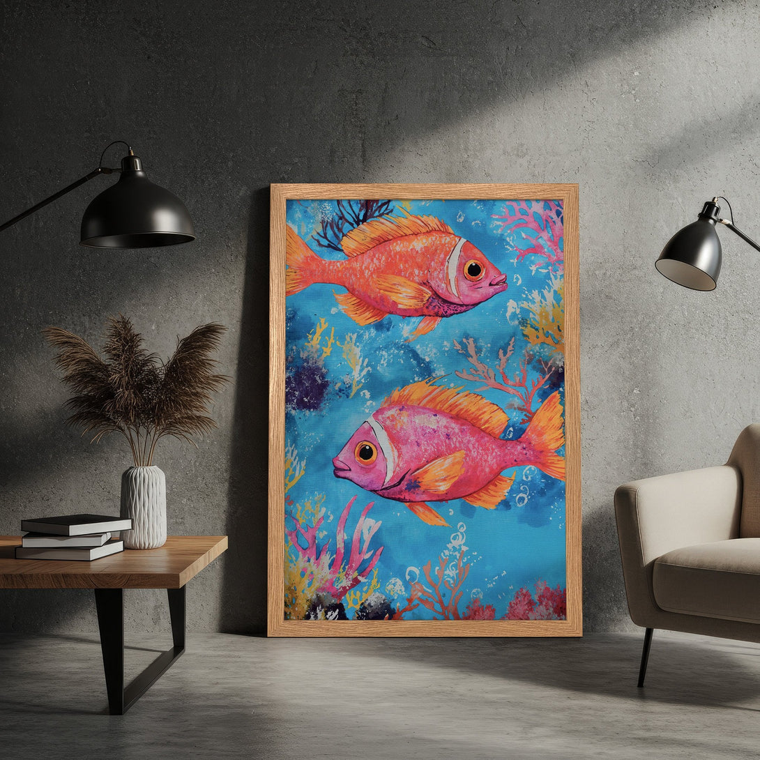 Framed Poster featuring vibrant fish art in a whimsical style with a blue, orange, and pink color palette. Perfect for coastal decor!