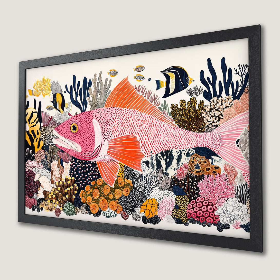 Framed Poster featuring a vibrant coral reef scene with a pink fish. Bold, illustrative style with a colorful palette. Perfect wall art!