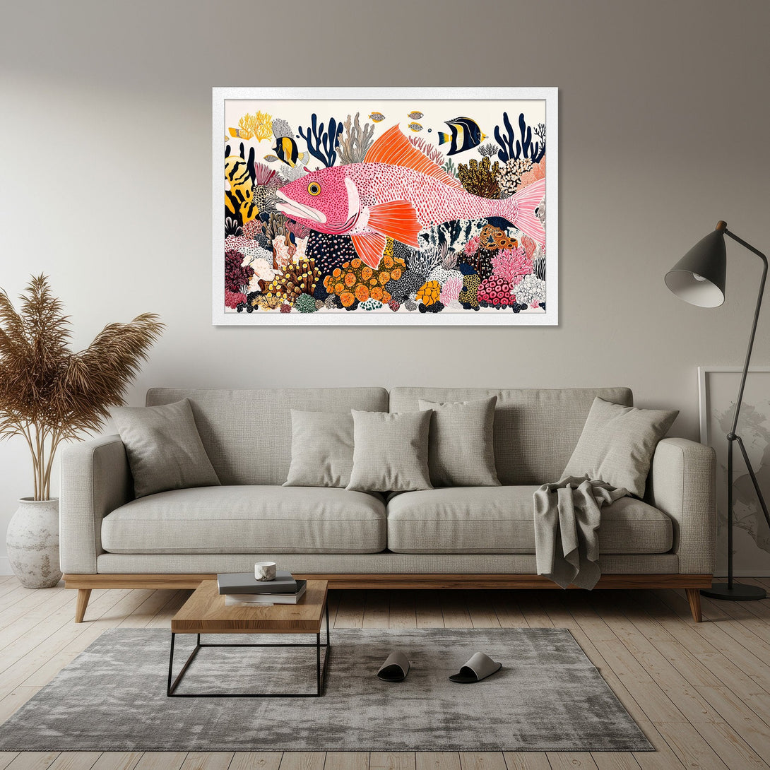 Framed Poster featuring vibrant coral reef art with a pink fish, colorful palette, and a touch of artistic flair. Perfect wall decor!