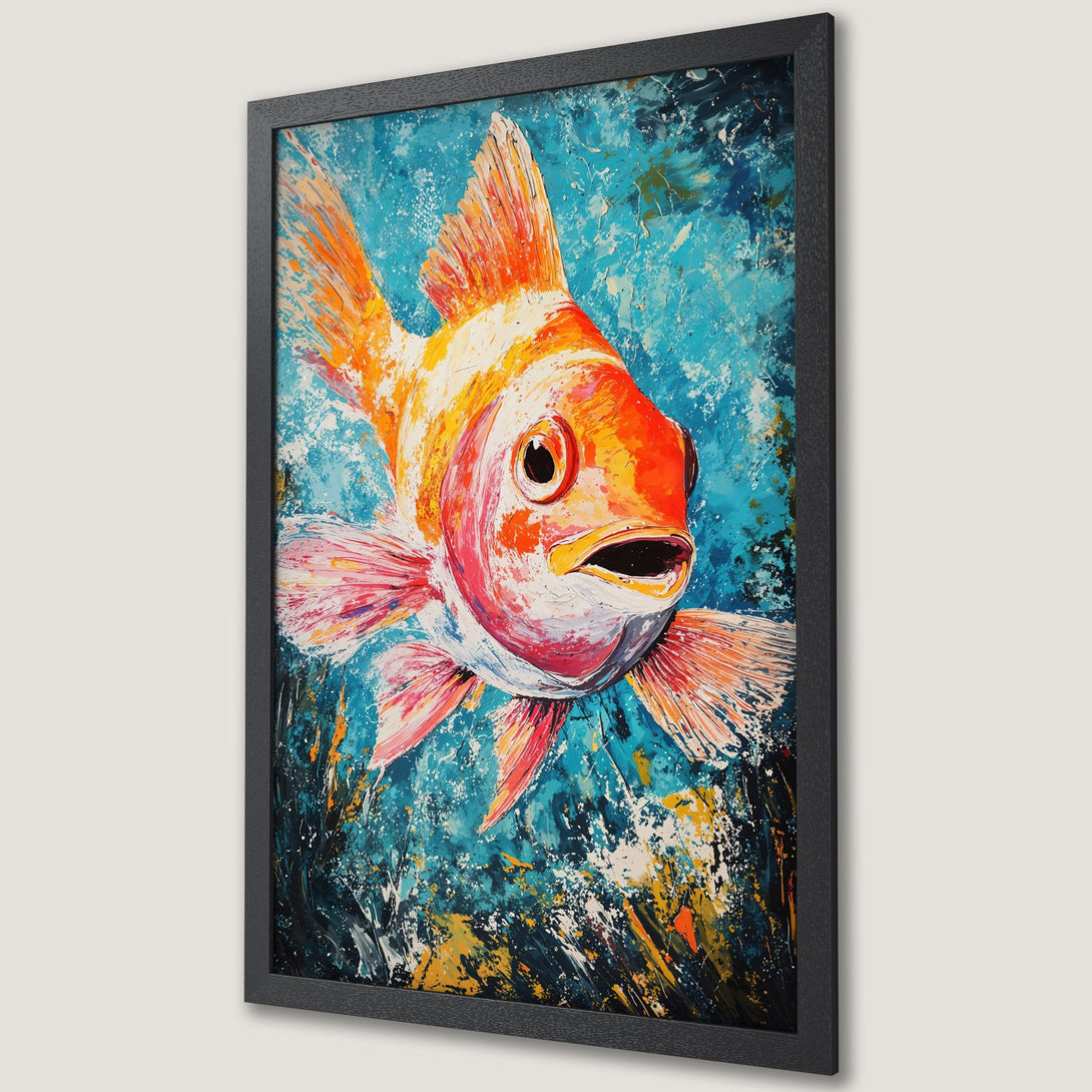 Framed Poster of a vibrant goldfish in an abstract style, featuring a blue, orange, and yellow color palette. Perfect wall art!