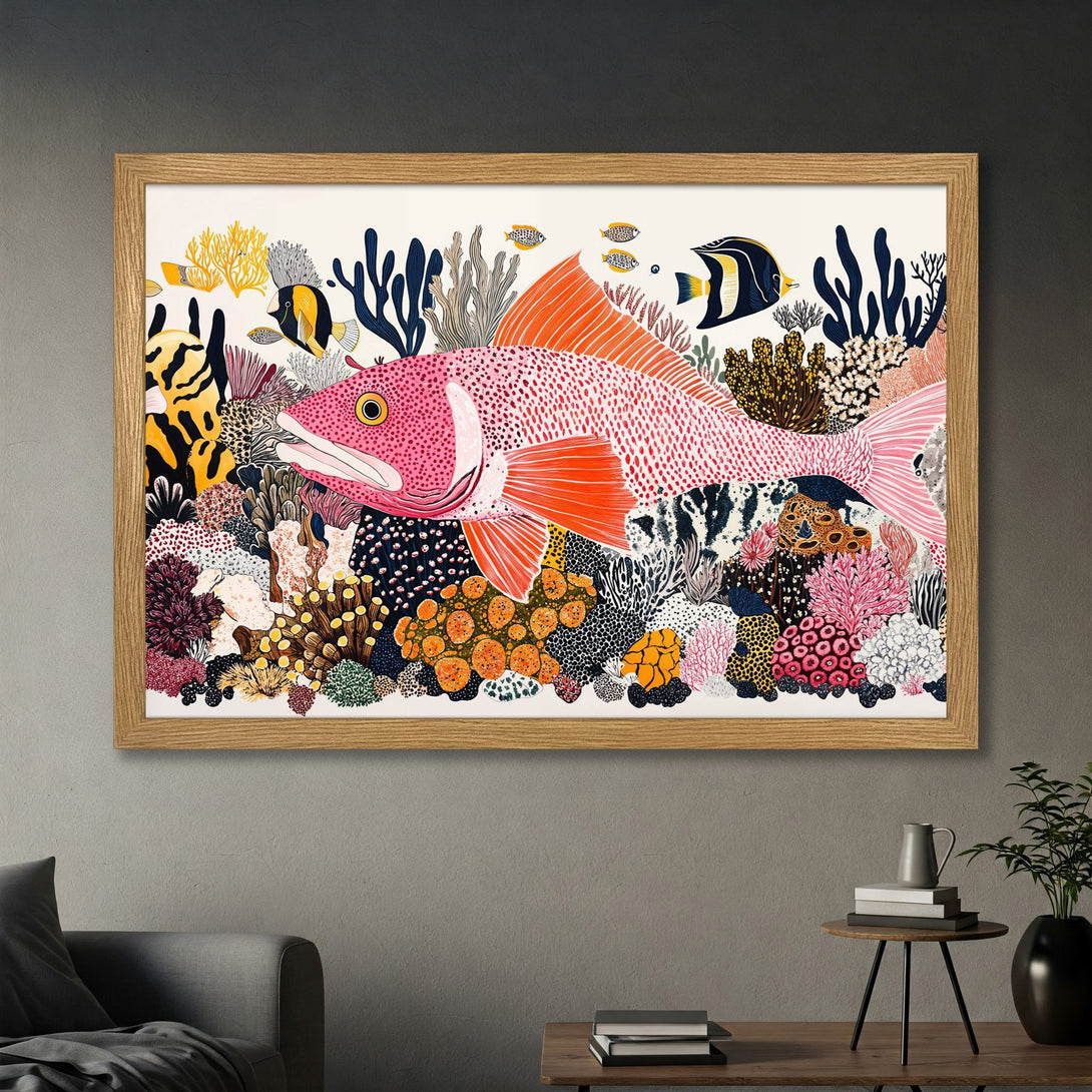 Framed Poster featuring a vibrant coral reef scene with fish. Colorful illustration style, pink, orange, yellow, and blue color palette. Perfect wall art!